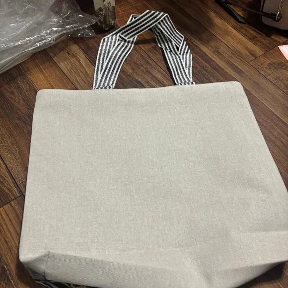 Elegant Peacock Canvas Tote Bag with Striped Handles - Picture 3 of 3